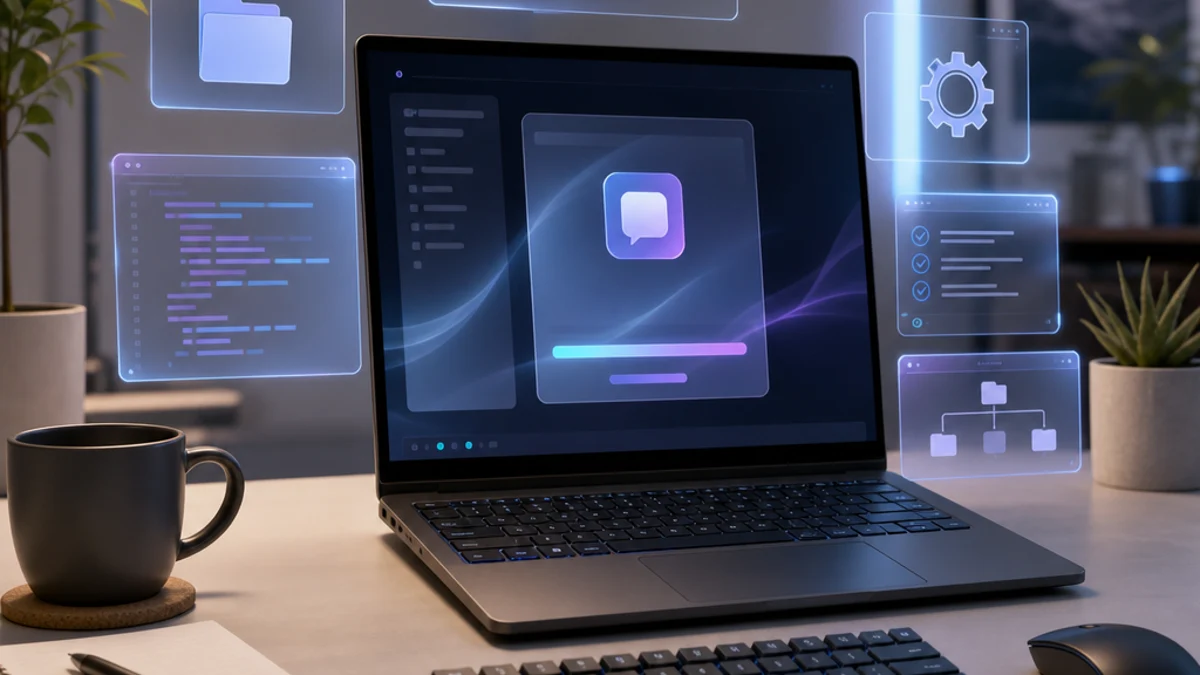 Concept illustration of an AI chat laptop with floating interface panels